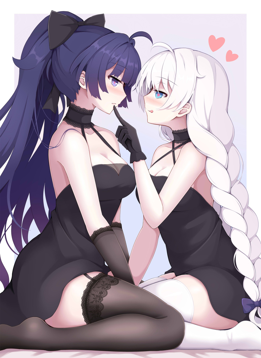 2girls, :p, absurdres, ahoge, alternate_costume, bangs, bare_shoulders, between_legs