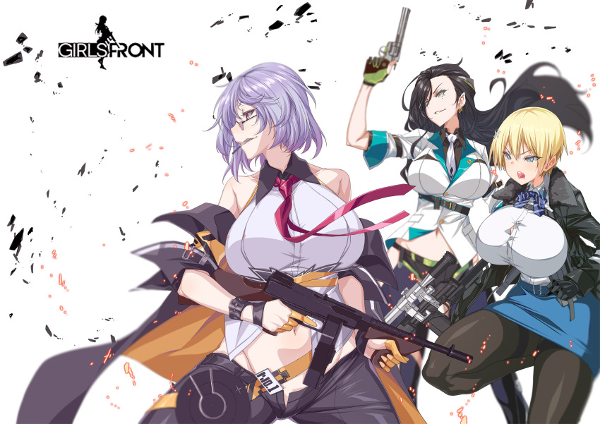 3girls, arm_belt, armored_boots, bangs, bare_shoulders, belt, black_footwear, black_gloves