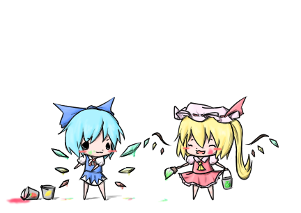 >:3, 2girls, :3, :d, ^_^, blonde_hair, blue_hair, blush_stickers