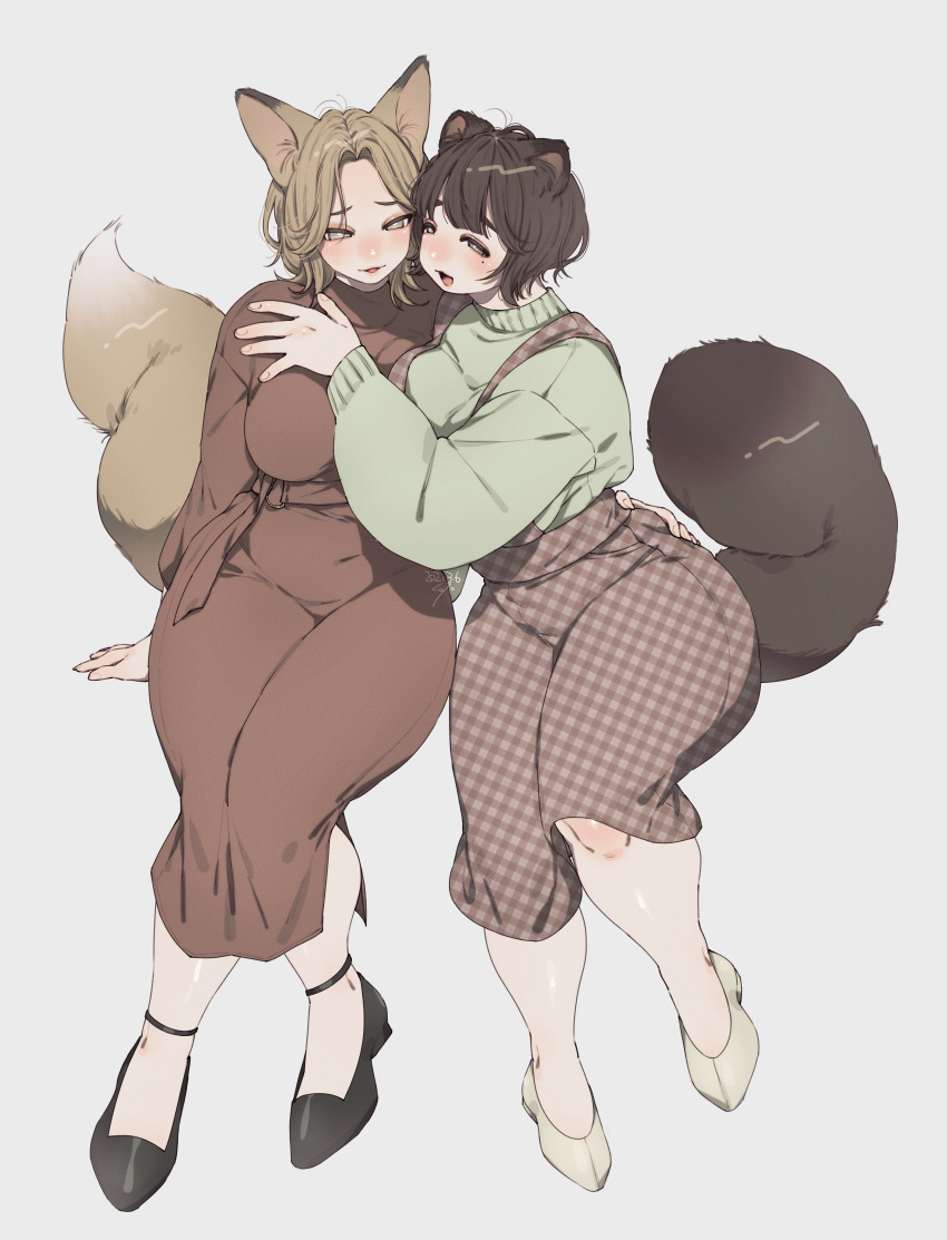 2girls, :d, absurdres, animal_ears, arm_around_waist, arm_support, black_footwear, blonde_hair