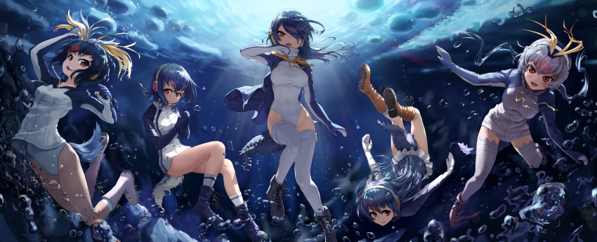 5girls, absurdres, air_bubble, ankle_boots, arm_up, bangs, black_hair, blonde_hair