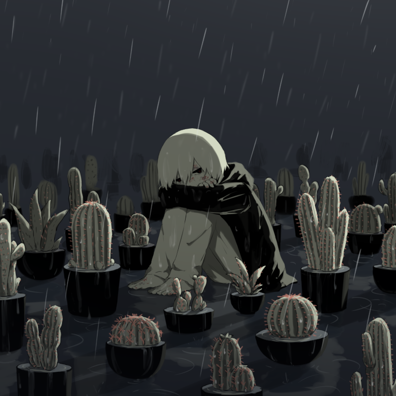 1boy, avogado6, barefoot, black_eyes, black_hoodie, bruise, bruise_on_face, cactus
