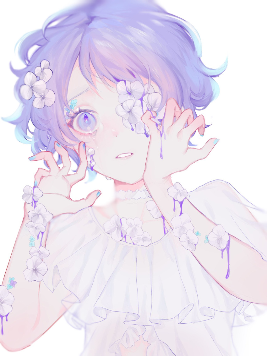 10_io, 1girl, blue_eyes, blue_flower, blue_hair, blue_nails, choker, collarbone