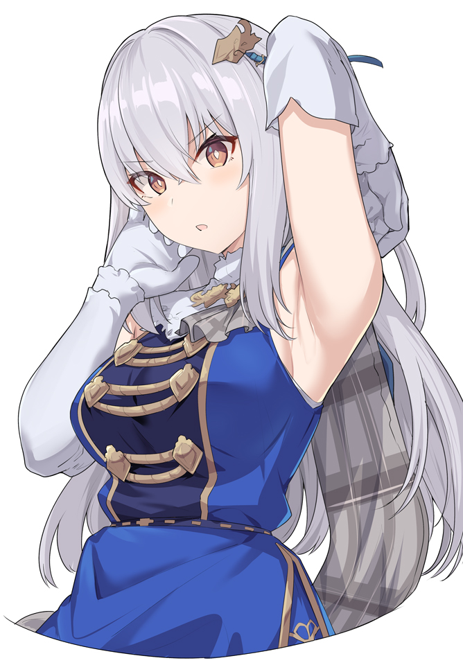1girl, :o, arm_up, armpit_peek, armpits, blue_dress, breasts, brown_eyes