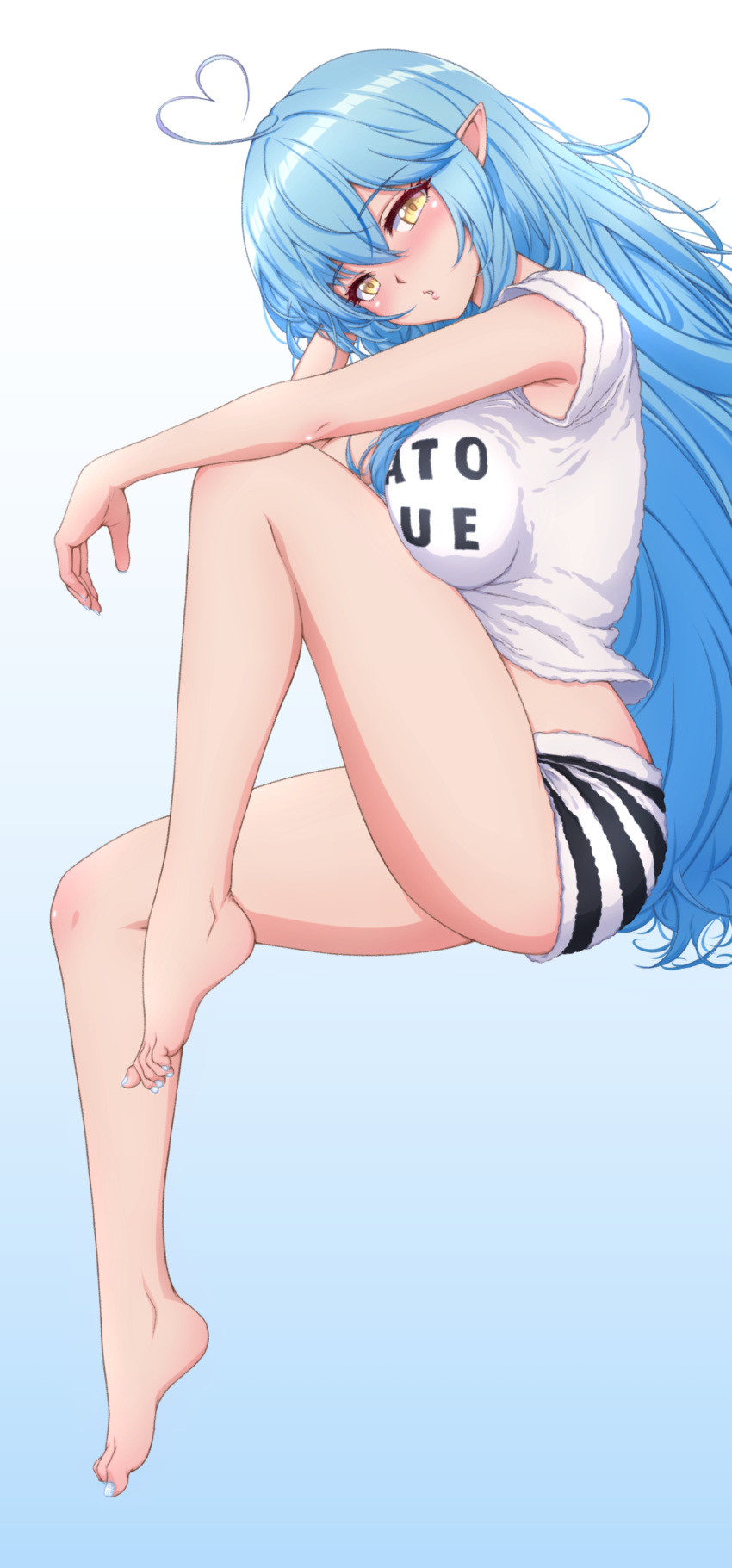1girl, absurdres, ahoge, bangs, bare_legs, barefoot, blue_background, blue_hair