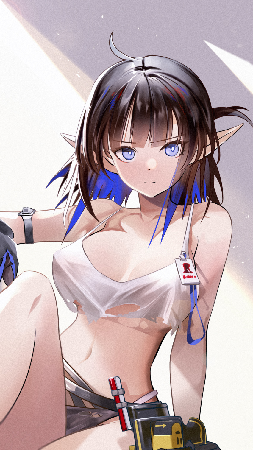 1girl, absurdres, ahoge, arknights, arm_strap, black_gloves, black_hair, blue_eyes, blue_hair, breasts, chinese_commentary, cowboy_shot, crop_top, crop_top_overhang, dannis_c, eunectes_(arknights), eunectes_(forgemaster)_(arknights), gloves, highres, id_card, knee_up, large_breasts, looking_at_viewer, mixed-language_commentary, multicolored_hair, navel, official_alternate_costume, pointy_ears, shirt, short_hair, sitting, solo, torn_clothes, torn_shirt, two-tone_hair, white_shirt