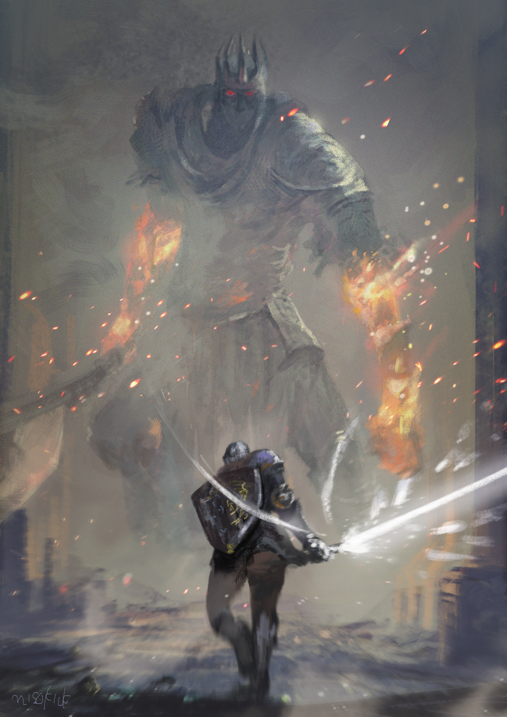 armor, ashen_one_(dark_souls_3), blurry, commentary_request, crown, dark_souls_iii, fire, from_behind