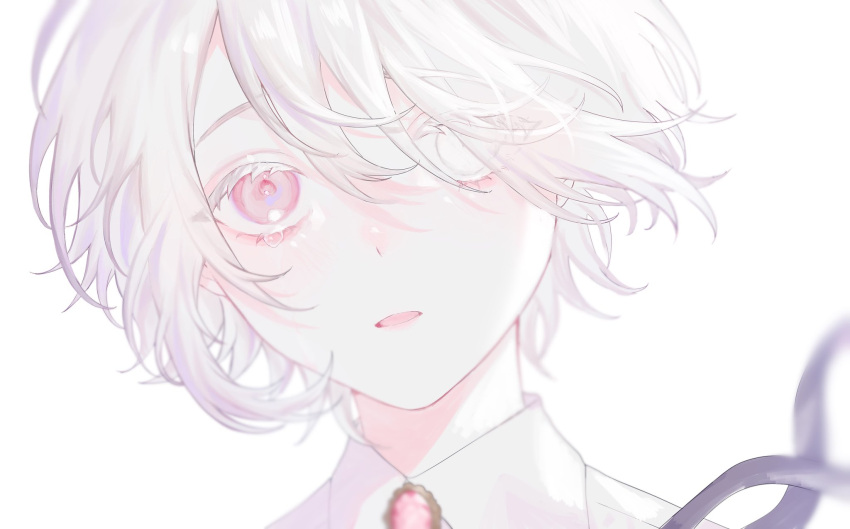 10_io, 1boy, bolo_tie, close-up, collared_shirt, face, heterochromia, highres, looking_at_viewer, male_focus, open_mouth, original, pink_eyes, portrait, shirt, short_hair, simple_background, solo, tearing_up, white_background, white_eyes, white_hair, white_shirt