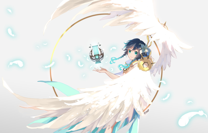 1boy, alternate_costume, androgynous, bangs, black_hair, blue_hair, braid, capelet, crop_top, eyebrows_visible_through_hair, feathered_wings, feathers, floating_instrument, flower, genshin_impact, gradient_hair, green_eyes, hair_flower, hair_ornament, highres, hood, hood_up, hooded_capelet, leaf19, looking_at_viewer, lyre, male_focus, multicolored_hair, open_mouth, short_hair_with_long_locks, smile, solo, twin_braids, venti_(genshin_impact), white_background, white_flower, wings