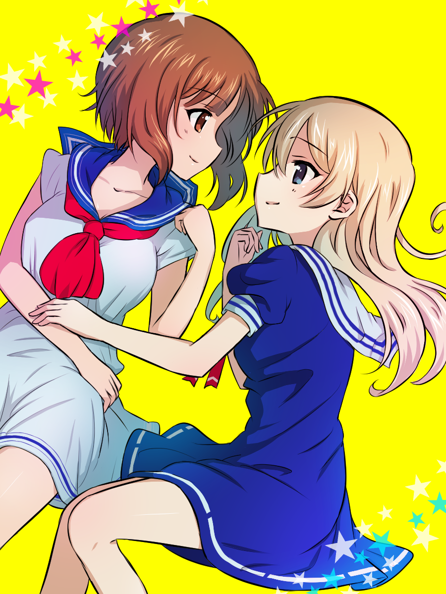 2girls, alternate_costume, alternate_hairstyle, bangs, blonde_hair, blue_dress, blue_eyes, blue_sailor_collar