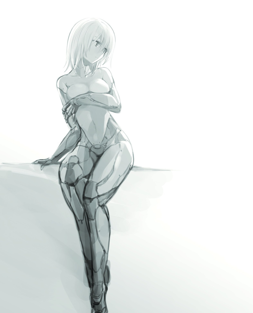 1girl, android, covering, covering_breasts, expressionless, greyscale, hair_between_eyes, highres