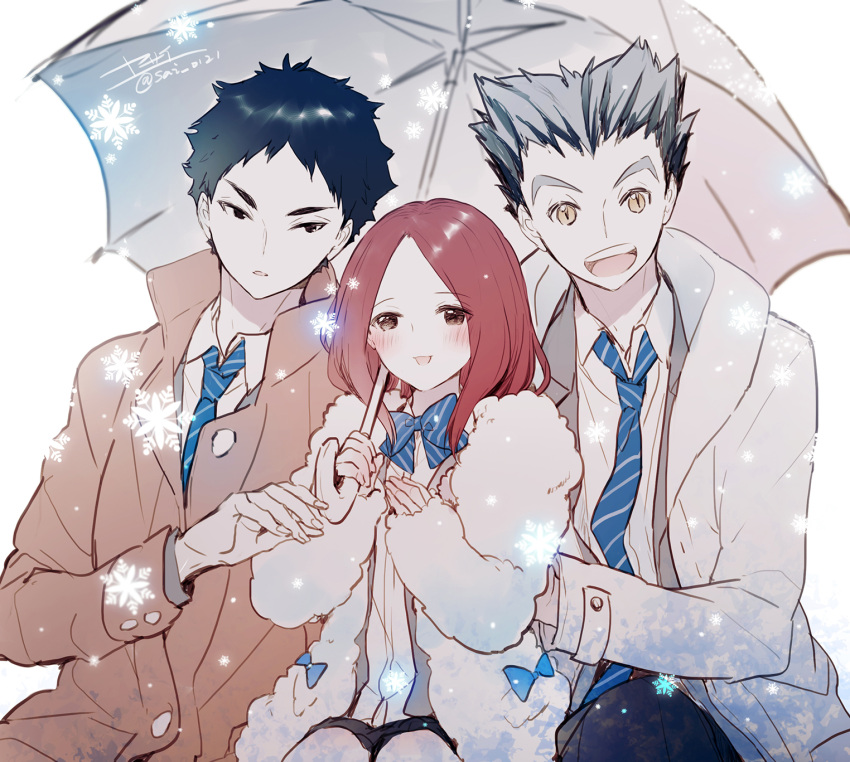 1girl, 2boys, akaashi_keiji, black_hair, blazer, blush, bokuto_koutarou, bow, bowtie, brown_eyes, coat, collared_shirt, eyebrows_visible_through_hair, eyelashes, fur_coat, grey_hair, grin, haikyuu!!, highres, holding, holding_umbrella, jacket, looking_away, multiple_boys, necking, open_clothes, open_coat, open_mouth, redhead, ribbon, school_uniform, shirofuku_yukie, shirt, short_hair, size_difference, smile, snow, snowing, striped, striped_bow, striped_neckwear, teeth, tongue, umbrella, white_shirt, winter, winter_clothes, winter_coat, yasai_(getsu), yellow_eyes