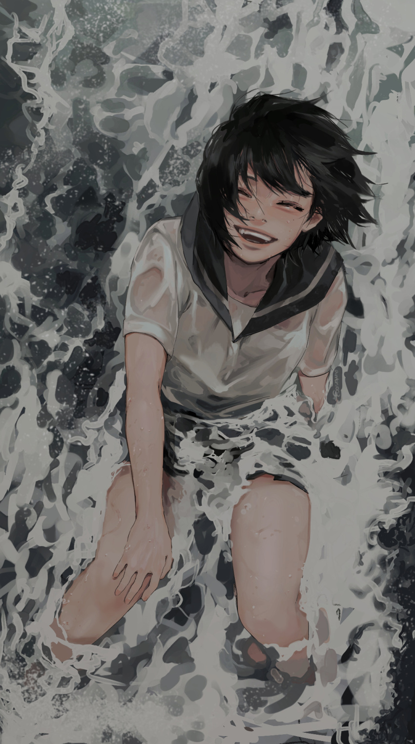 1girl, antera_(emi), bare_legs, black_hair, black_sailor_collar, black_skirt, closed_eyes, collarbone