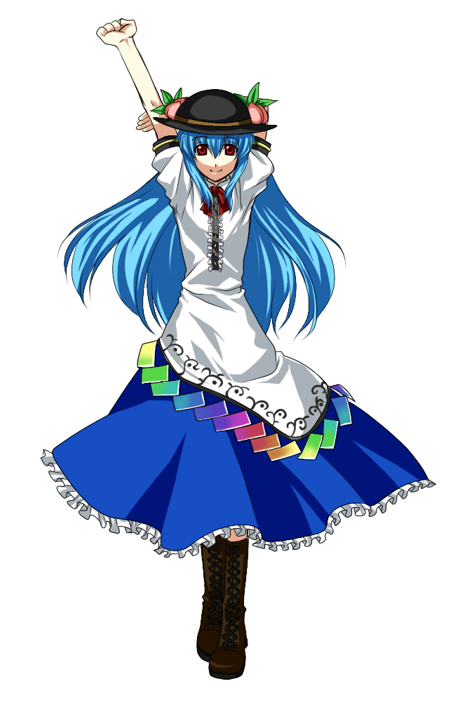 blue_hair, boots, food, fruit, hat, hinanawi_tenshi, long_hair, long_skirt