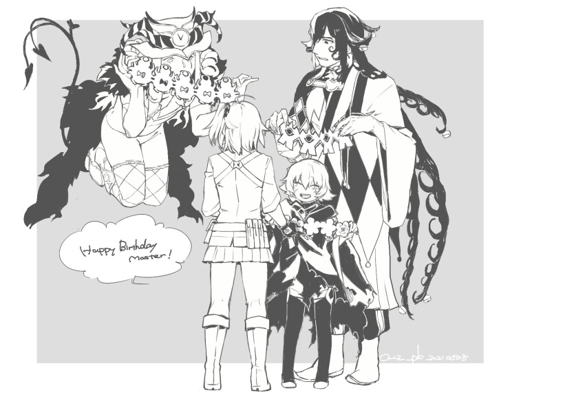 2boys, 2girls, age_difference, ashiya_douman_(fate), asymmetrical_hair, aves_plumbum9, black_hair, black_legwear