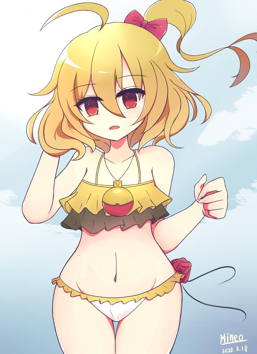 100_percent_orange_juice, 1girl, alternate_costume, asymmetrical_bangs, bangs, bikini, bikini_skirt, bikini_top