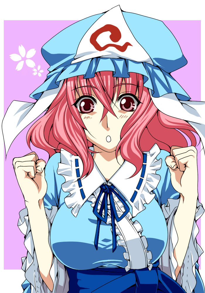 hat, japanese_clothes, ogera, ogera_okera, open_mouth, pink_hair, red_eyes, saigyouji_yuyuko