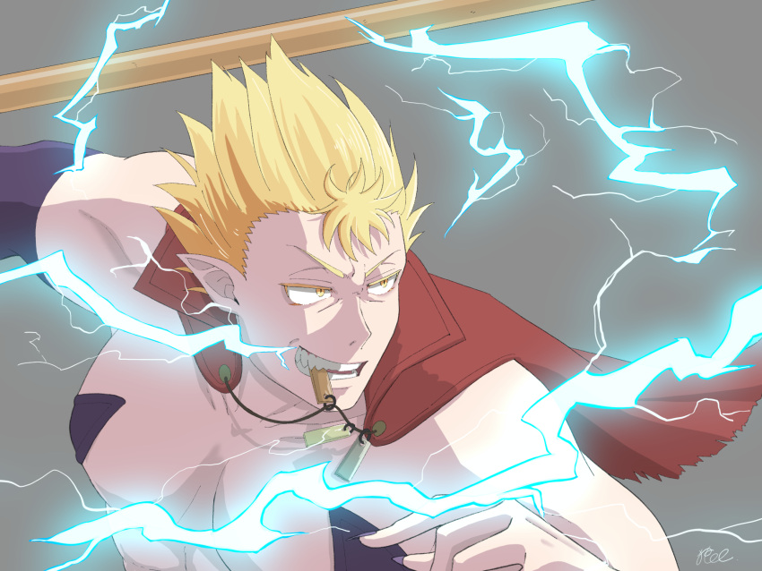 1boy, blonde_hair, cape, commentary, electricity, grey_background, highres, inumaruku_cafe