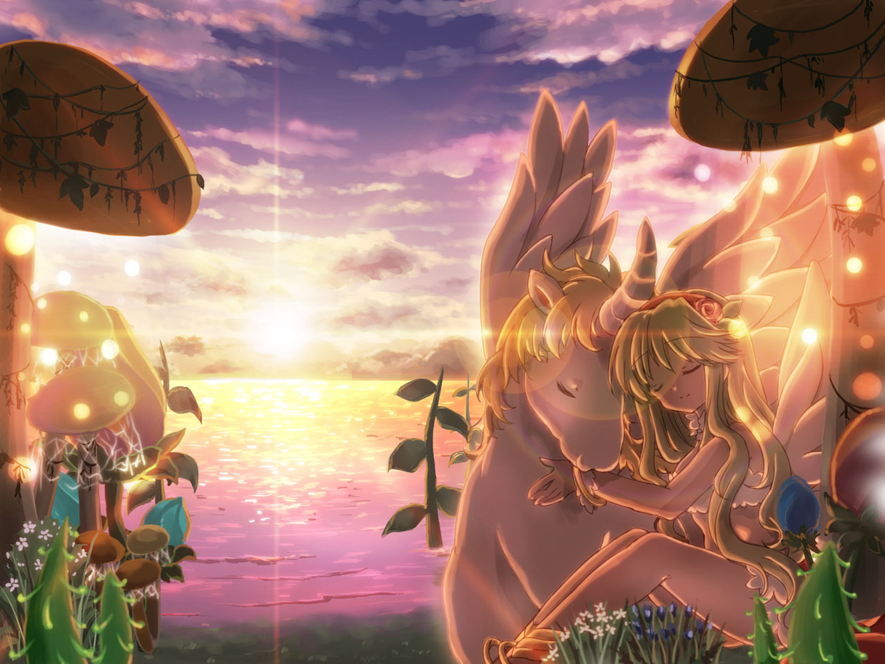 1girl, bangs, beach, blonde_hair, blue_flower, bow, bra, closed_eyes, closed_mouth, clouds, commentary_request, cornus, eyebrows_visible_through_hair, feather_bra, feet_out_of_frame, flower, grass, hair_flower, hair_ornament, hizukiryou, hug, long_hair, mushroom, outdoors, purple_sky, ragnarok_online, red_bow, reflective_water, scenery, sitting, smile, sun, sunset, underwear, wanderer_(ragnarok_online), water, white_bra, white_flower, winged_unicorn