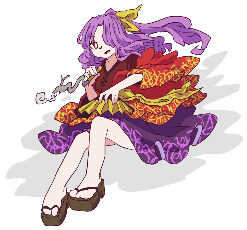 bow, eyebrows_visible_through_hair, fan, geta, hair_bow, hair_over_one_eye, holding, holding_fan, invisible_chair, japanese_clothes, kimono, kiseru, komakusa_sannyo, lana151, open_mouth, pipe, ponytail, purple_hair, purple_skirt, red_eyes, red_kimono, red_robe, sitting, skirt, smoke, touhou, white_background, yellow_bow