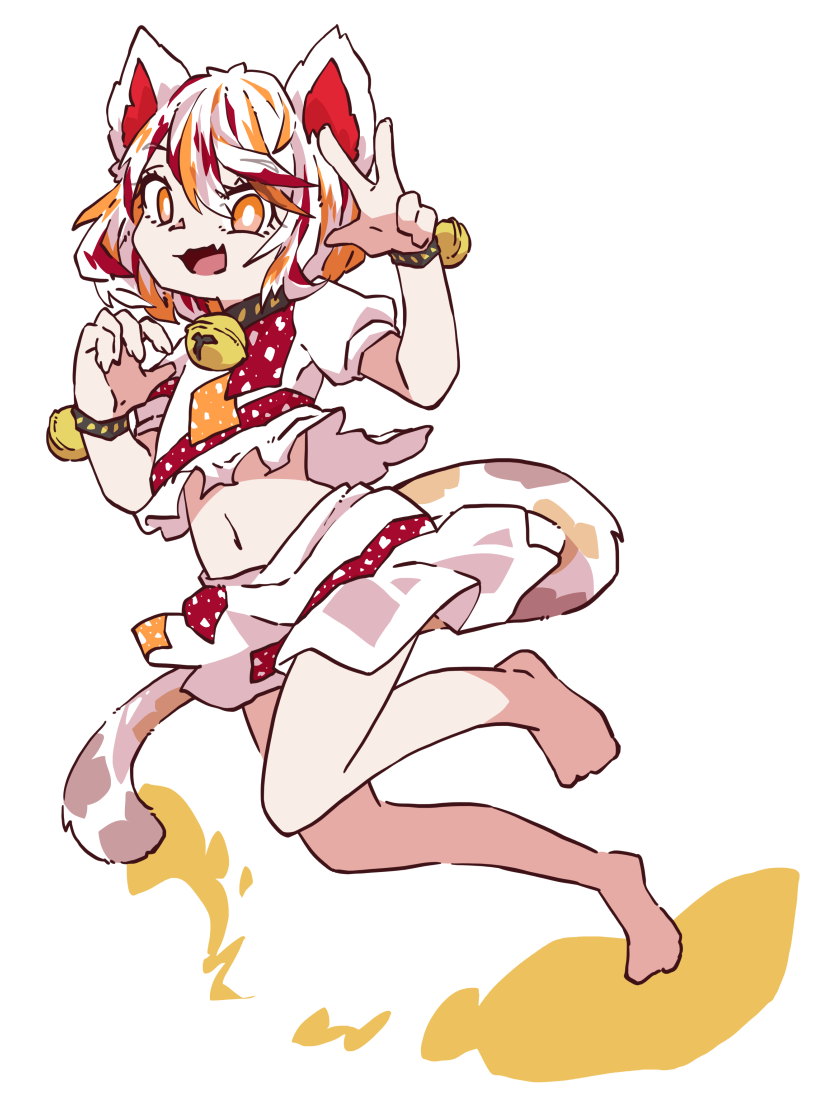 1girl, animal_ears, bell, calico, cat_ears, cat_tail, claw_pose, goutokuji_mike