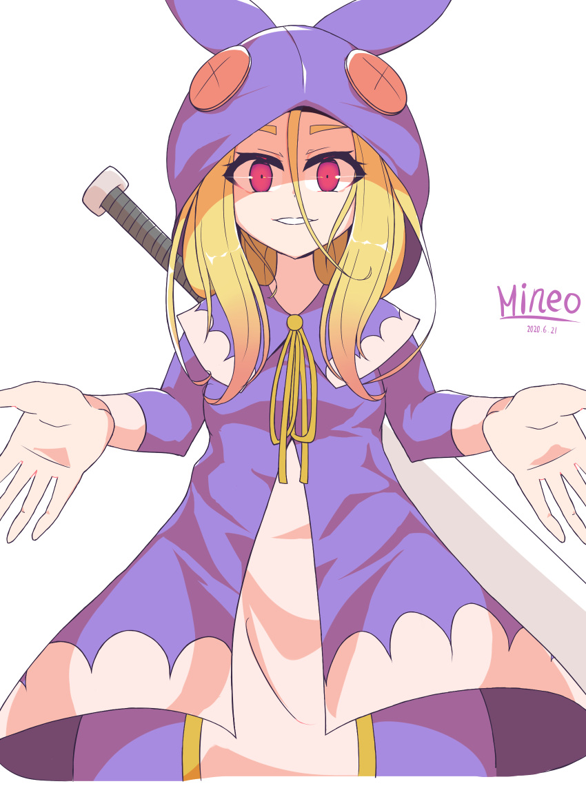 100_percent_orange_juice, 1girl, animal_ears, animal_hood, bangs, blonde_hair, blue_dress, blue_jacket