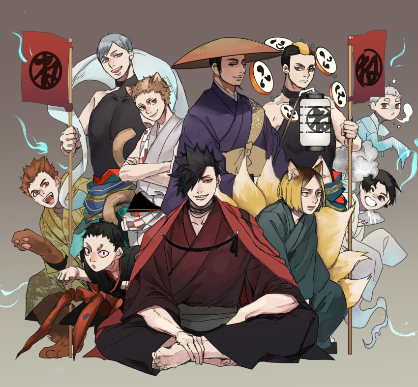 6+boys, :d, absurdres, animal_ears, black_hair, blonde_hair, brown_eyes, brown_hair, cat_tail, crossed_arms, flag, fox_ears, fox_tail, fukunaga_shouhei, gradient, gradient_background, gradient_hair, grey_hair, grin, haiba_lev, haikyuu!!, hat, highres, inuoka_sou, japanese_clothes, kai_nobuyuki, kimono, kitsune, kozume_kenma, kuroo_tetsurou, lantern, male_focus, mohawk, multicolored_hair, multiple_boys, open_mouth, paper_lantern, paws, rice_hat, shibayama_yuki, short_hair, sideburns, simple_background, sitting, smile, spiky_hair, tail, tentaro_(miyuuuuu-u), thick_eyebrows, two-tone_hair, yaku_morisuke, yamamoto_taketora, youkai