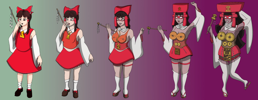1girl, 5girls, absurdres, adapted_costume, alternate_skin_color, armpits, ascot, bimbo_miko_(kakikorori)