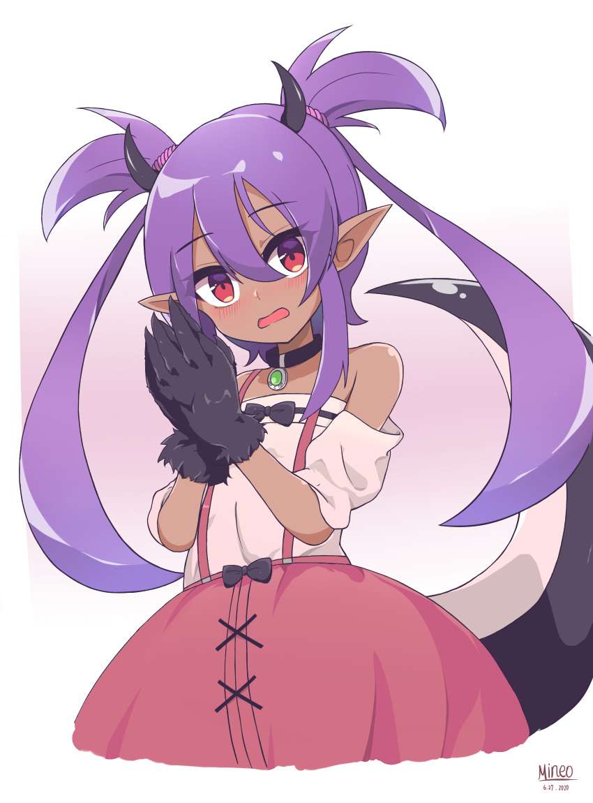100_percent_orange_juice, 1girl, bangs, bare_shoulders, blush, bow, dark_skin, dark-skinned_female, dated, eyebrows_visible_through_hair, gloves, grey_gloves, heart413, highres, horns, long_hair, long_sleeves, lulu_(orange_juice), off-shoulder_shirt, off_shoulder, parted_lips, purple_hair, quad_tails, red_eyes, shirt, sidelocks, signature, simple_background, skirt, solo, standing, suspender_skirt, suspenders, tail