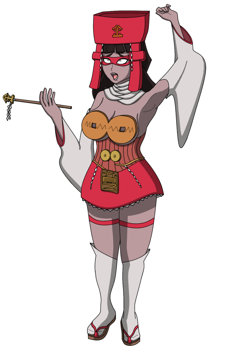1girl, adapted_costume, alternate_skin_color, armpits, bimbo_miko_(kakikorori), bow, box, brainwashing