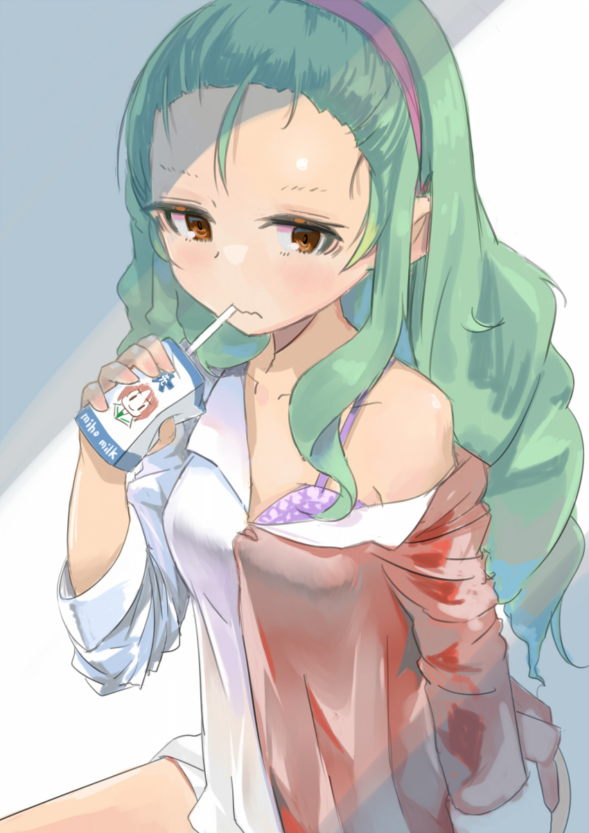 1girl, anchovy_(girls_und_panzer), bra, brown_eyes, character_print, closed_mouth, commentary, drinking