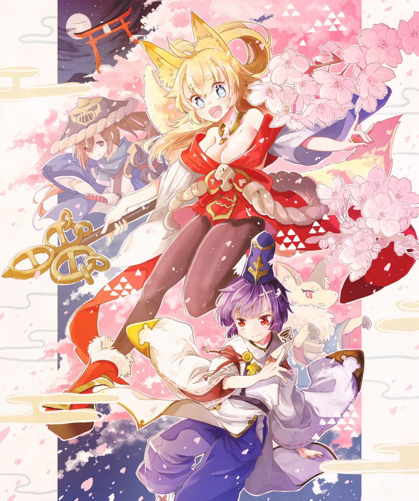 1boy, 3girls, :d, animal_ears, blonde_hair, blue_eyes, blue_headwear, breasts