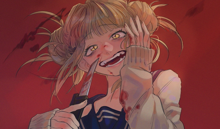 1girl, blonde_hair, blood, bloody_clothes, bloody_hands, bloody_knife, bloody_weapon, boku_no_hero_academia