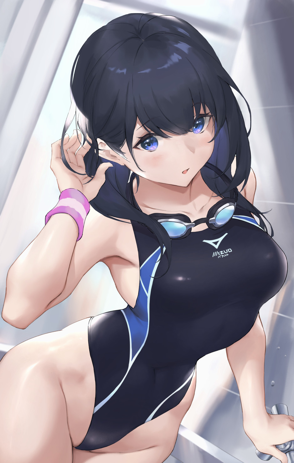1girl, bangs, bare_shoulders, black_hair, black_swimsuit, blue_eyes, blush, breasts