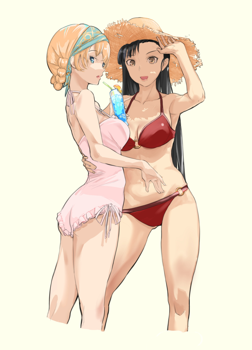 2girls, absurdres, adjusting_clothes, adjusting_headwear, arm_around_waist, ass, asymmetrical_bangs, bangs