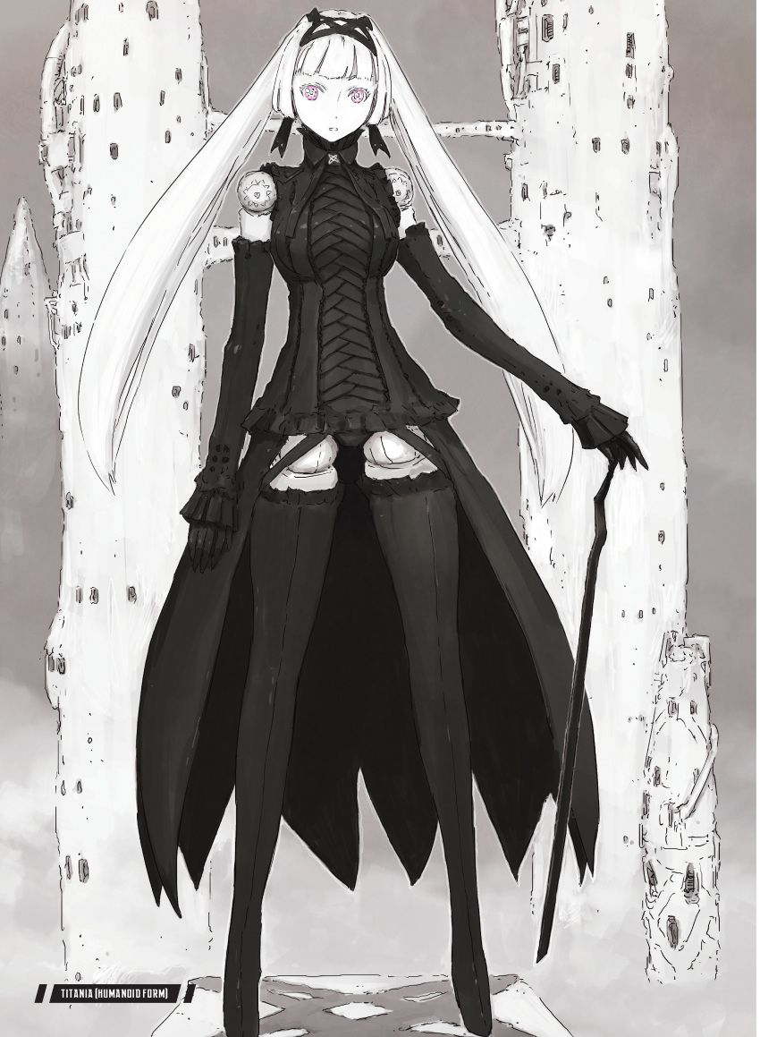 1girl, absurdres, android, black_dress, black_gloves, black_ribbon, character_name, dress