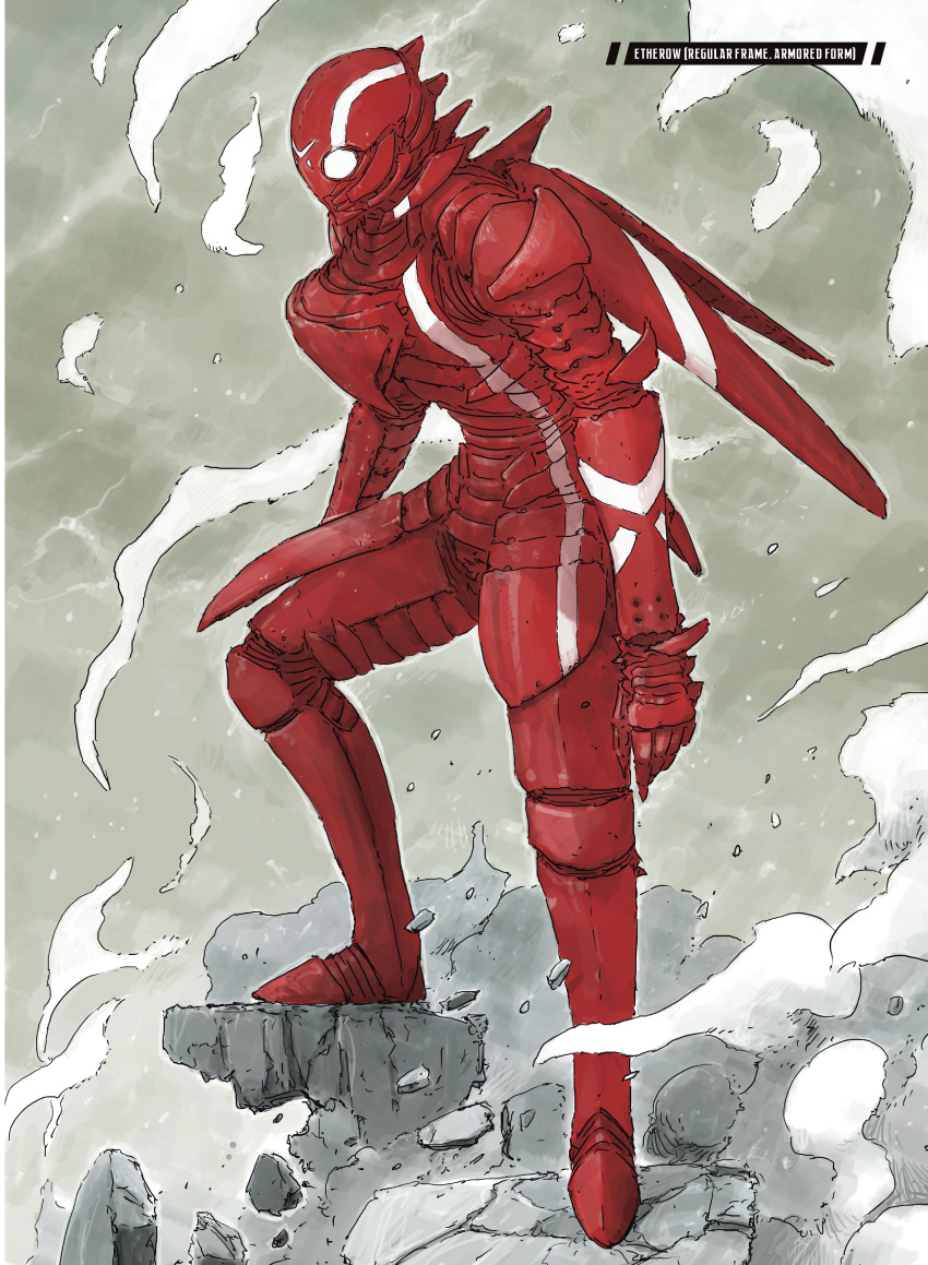 1boy, absurdres, armor, character_name, clouds, cloudy_sky, english_text, gauntlets