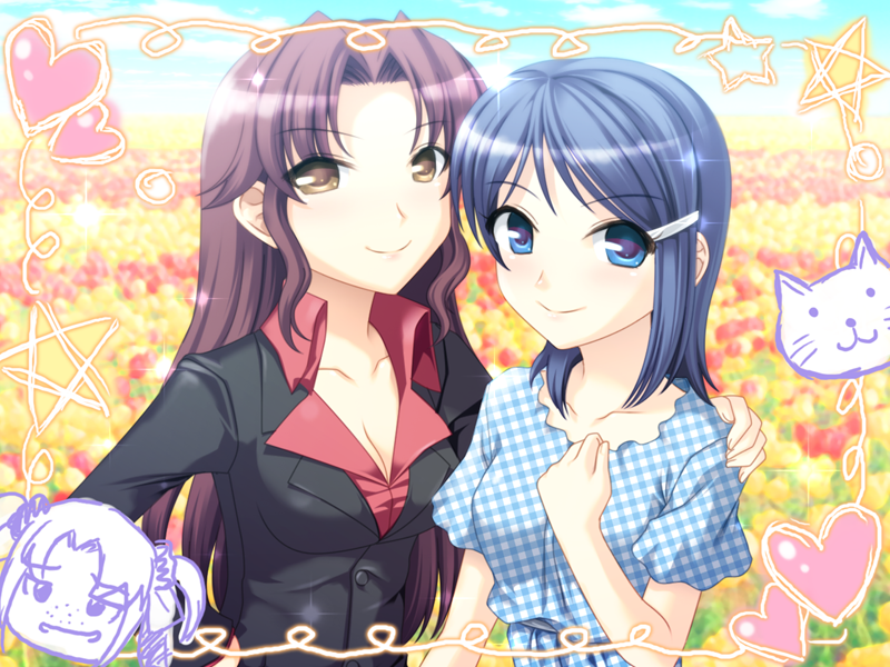 blue_eyes, blue_hair, breasts, brown_eyes, brown_hair, cat, cleavage, cyneria