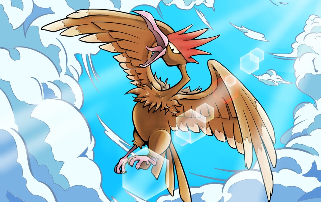 black_eyes, clouds, commentary_request, fearow, gen_1_pokemon, lens_flare, looking_down, no_humans, open_mouth, pokemon, pokemon_(creature), q-chan, sky, solo, talons, tongue