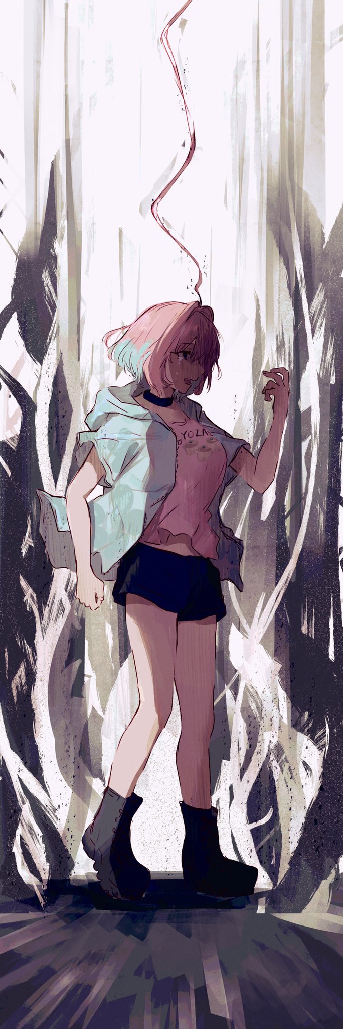 1girl, ahoge, black_choker, black_shorts, blue_hair, blue_jacket, choker, crying