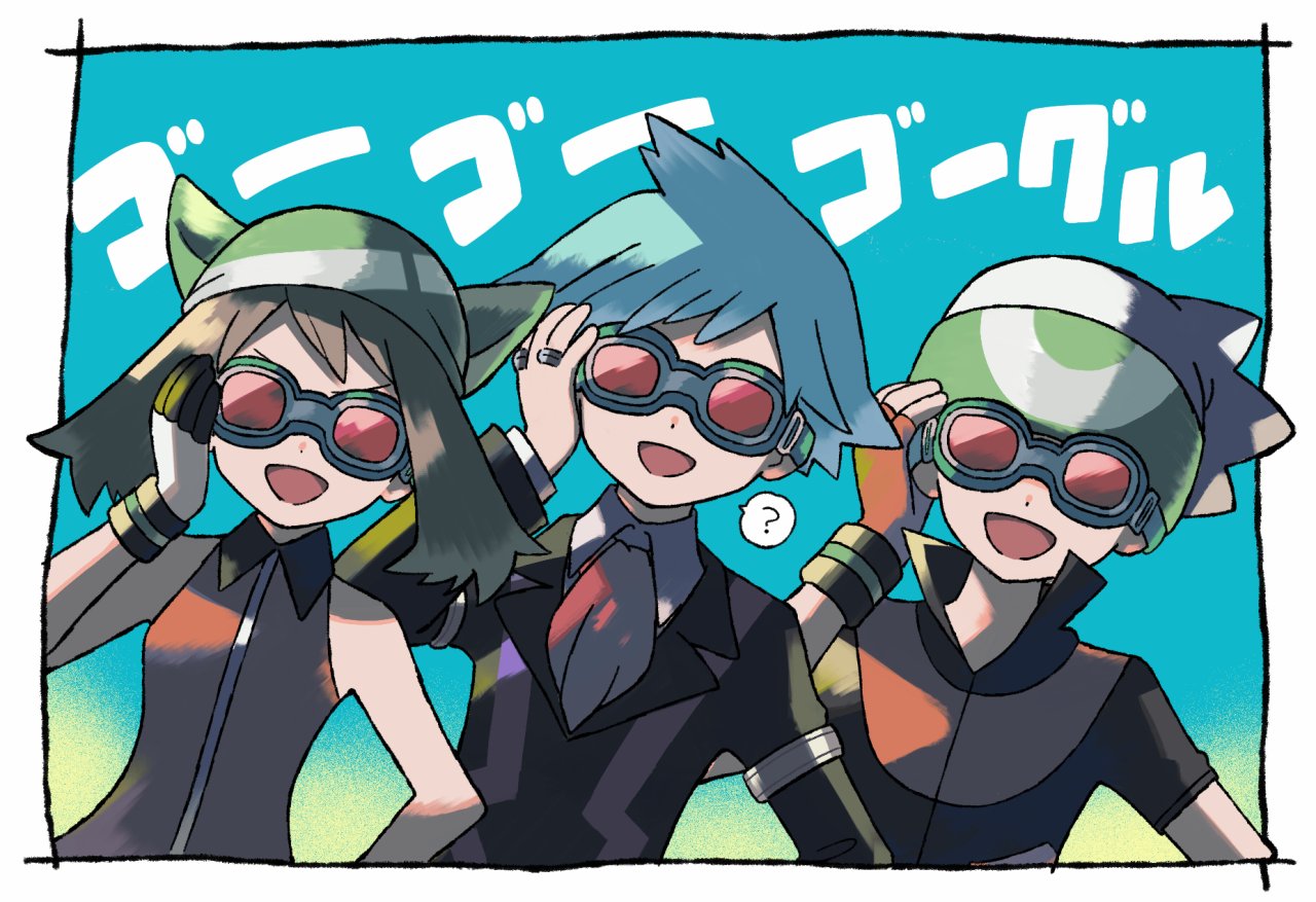 1girl, 2boys, :d, ?, bangs, beanie, border, brendan_(pokemon)