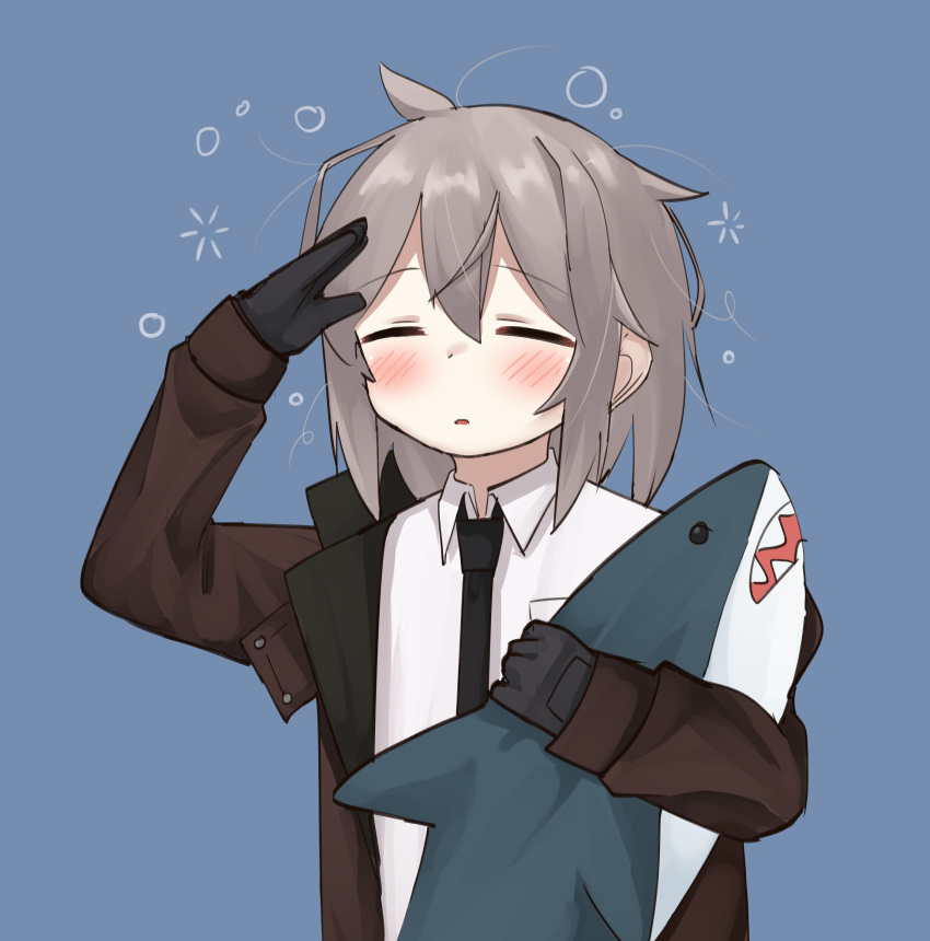 1girl, absurdres, bangs, black_gloves, black_neckwear, blue_background, brown_jacket, closed_eyes