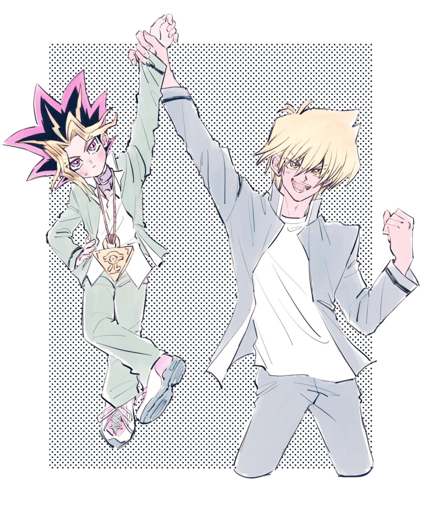 2boys, arm_up, bangs, black_hair, blonde_hair, blush, clenched_hand, closed_mouth, collared_shirt, green_jacket, green_pants, grey_jacket, grey_pants, hair_between_eyes, hand_on_hip, highres, jacket, jounouchi_katsuya, long_sleeves, male_focus, millennium_puzzle, morijio_(pnpn_no_mm), multiple_boys, mutou_yuugi, open_mouth, pants, purple_hair, shirt, shoes, smile, spiky_hair, sweatdrop, teeth, tongue, white_footwear, white_shirt, yu-gi-oh!