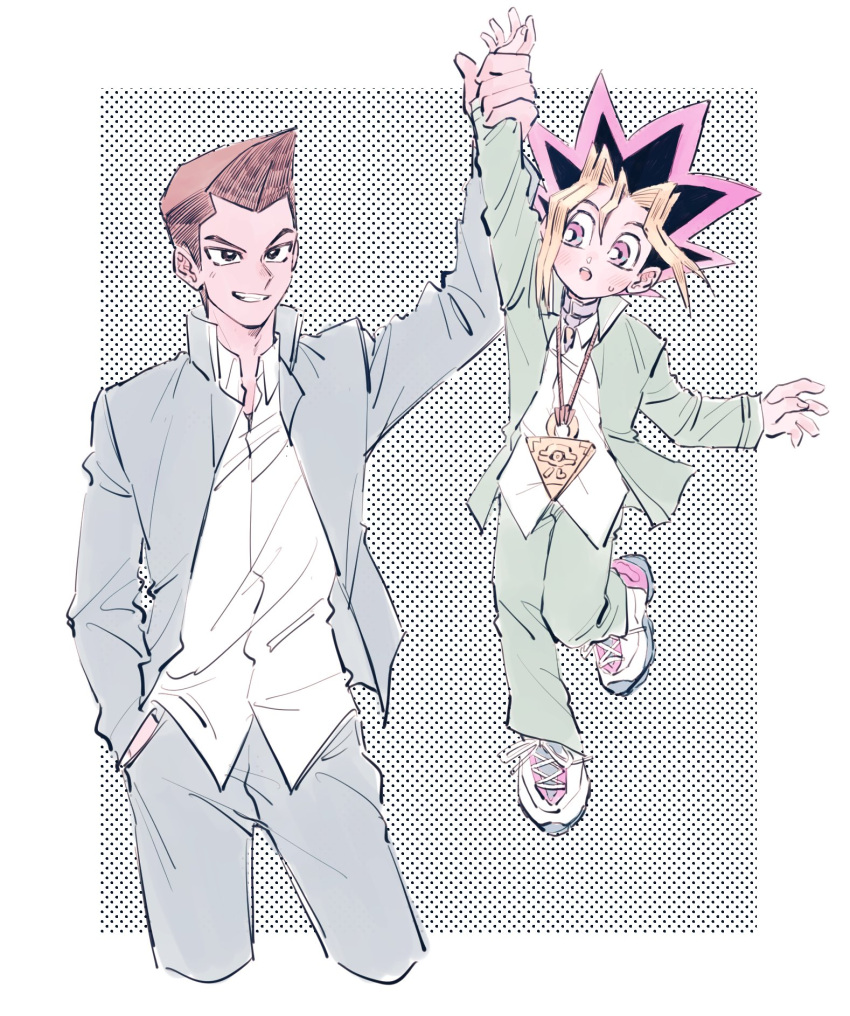 2boys, arm_up, black_hair, blonde_hair, brown_hair, collared_shirt, commentary_request, green_jacket