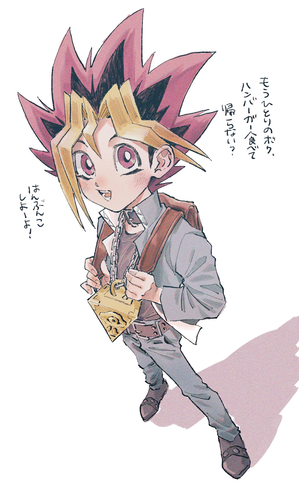 1boy, backpack, bag, belt, blonde_hair, bright_pupils, brown_bag, brown_belt