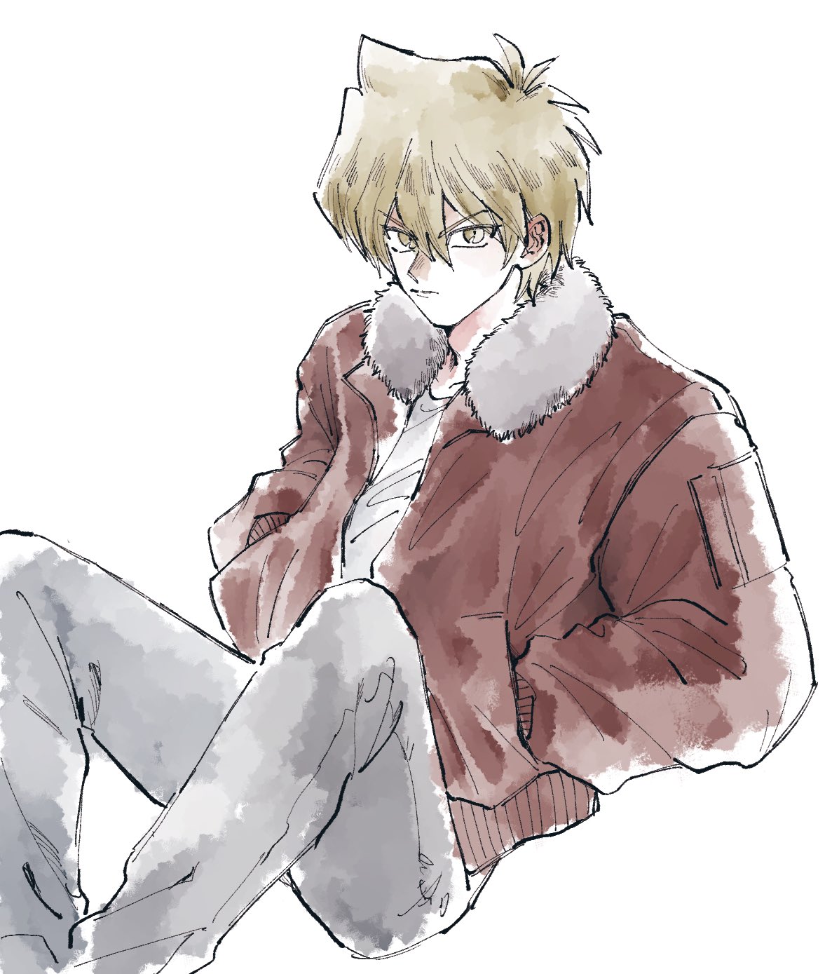 1boy, bangs, blonde_hair, brown_jacket, closed_mouth, commentary_request, eyebrows_visible_through_hair, fur-trimmed_jacket