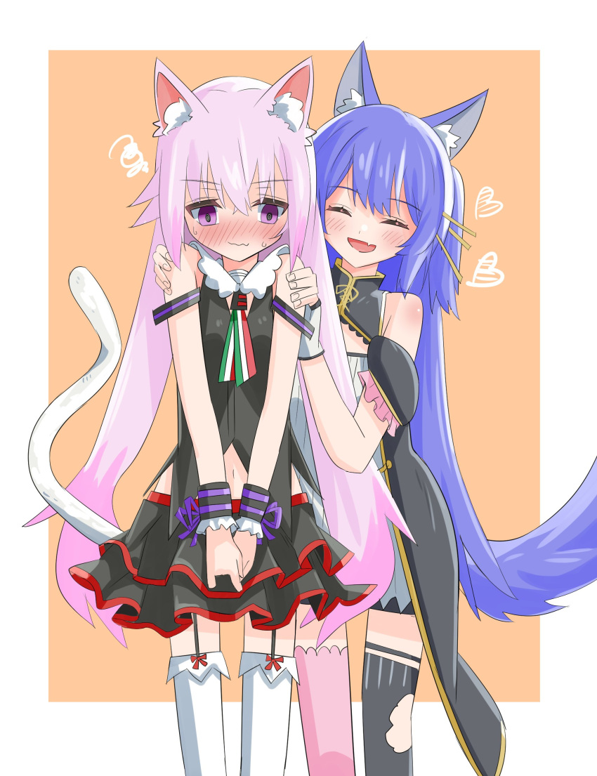 .live, 2girls, absurdres, animal_ears, blush, breasts, carro_pino, cat_ears, cat_tail, closed_eyes, commentary_request, detached_sleeves, fang, highres, long_hair, multiple_girls, navel, open_mouth, pink_hair, purple_hair, red_eyes, rurun_rururica, small_breasts, tail, tanabata_stew, thigh-highs, wolf_ears