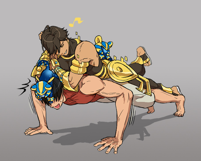 2boys, ^^^, ahoge, animal_on_head, arash_(fate), armlet, bare_arms, bare_shoulders