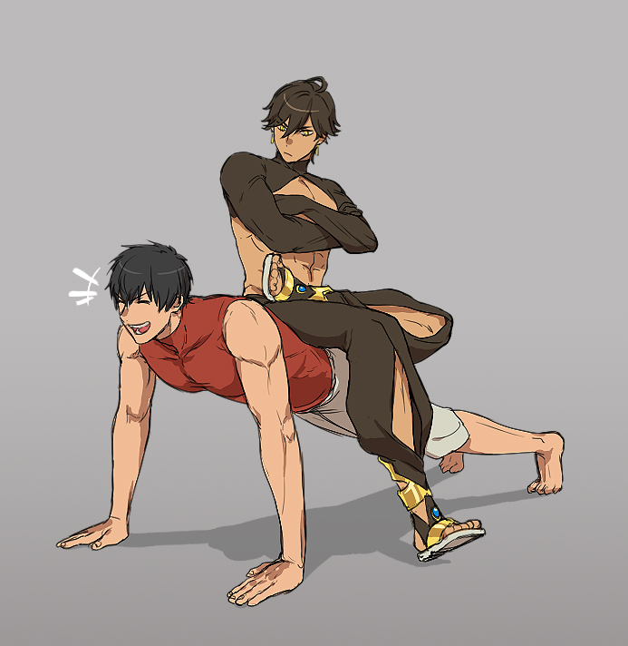 +++, 2boys, abs, ahoge, arash_(fate), baggy_pants, bare_arms, bare_shoulders