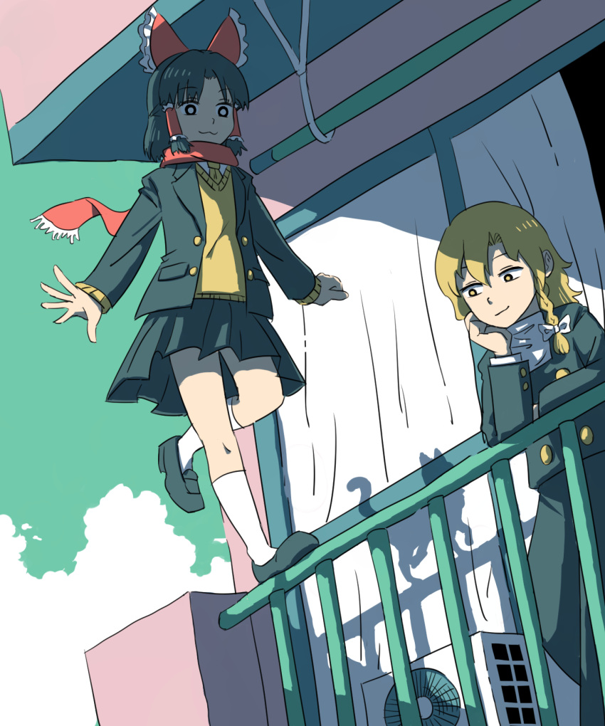 1boy, 1girl, :3, balcony, benikurage_(cookie), black_hair, blonde_hair, bow